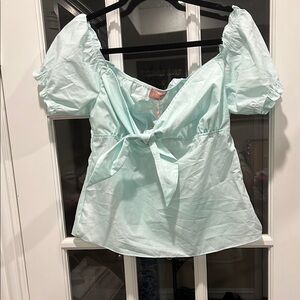 Green Puff Sleeve Tie Front Blouse